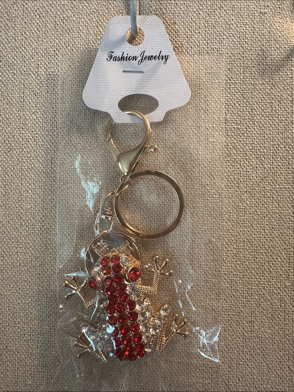 Gold-Tone good luck Frog Keychain with Red and Clear Rhinestones